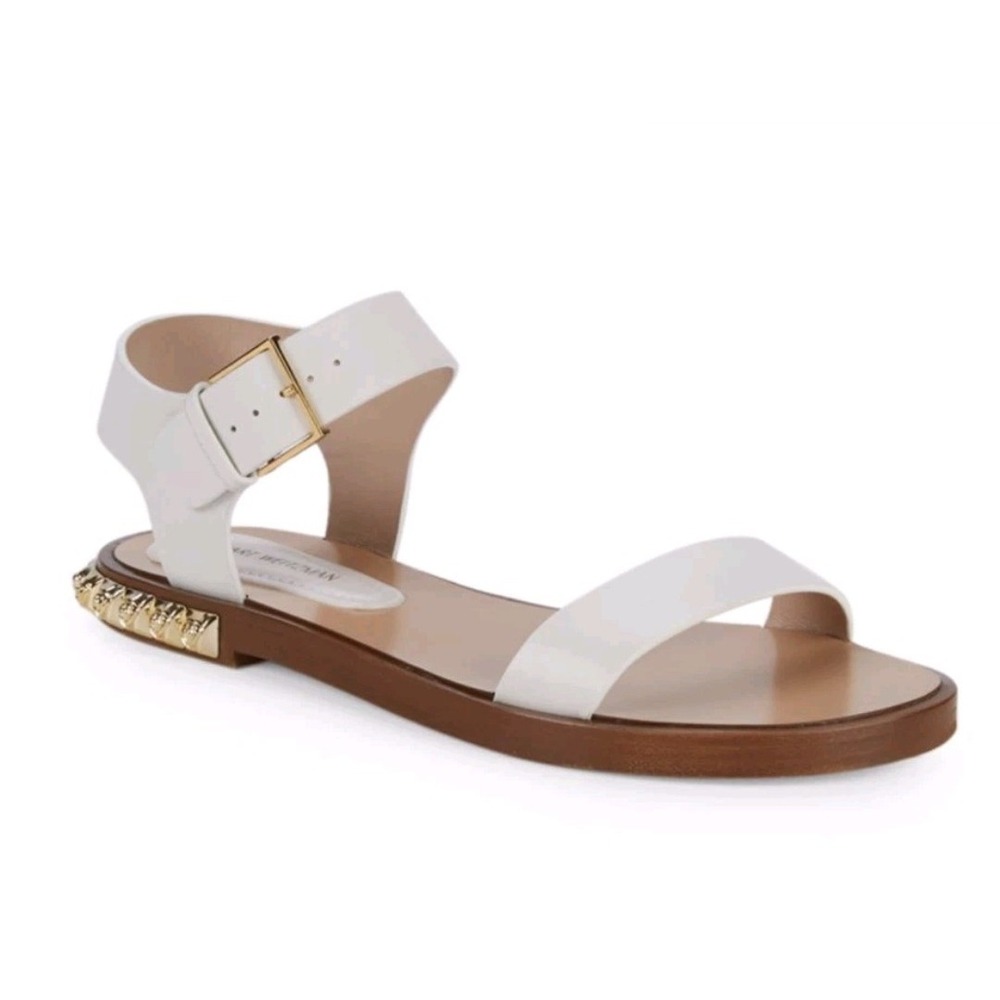 Stuart Weitzman Rosewood Embellished Leather Flat Ankle-Strap Sandals White Sz 7